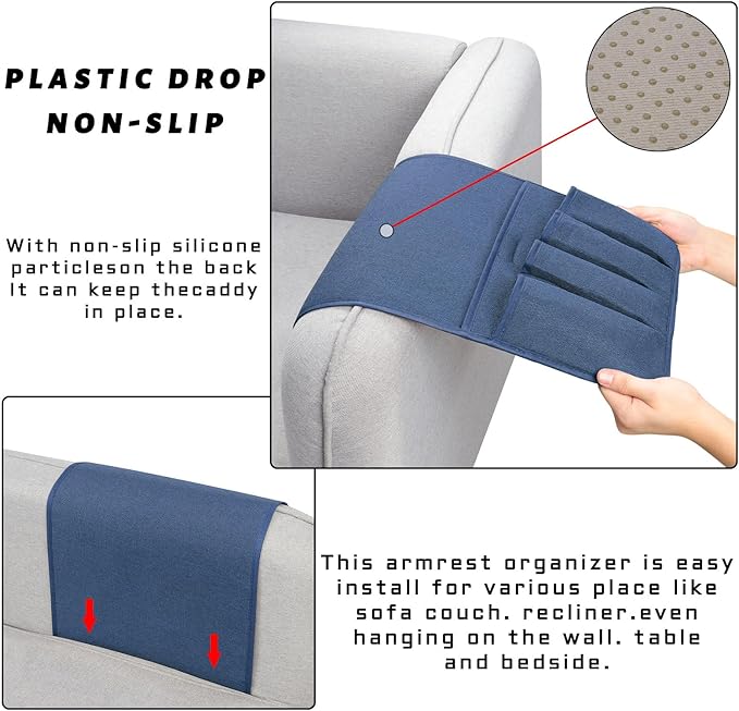 NB Remote Control Holder，Bedside & Armchair & Couch Caddy with Non-Slip Base，5 Pockets Oxford Fabric Bed Desk Storage Pocket for Phone Tablet Kindle Magazines，Gifts for Seniors (Blue， 35"X12.4")