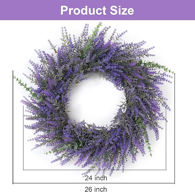 26" Lavender & Eucalyptus Wreath for Front Door - All Season Artificial Wreath for Spring and Summer, Indoor Outdoor Wall, Porch, Window, Rustic Farmhouse Home Decor