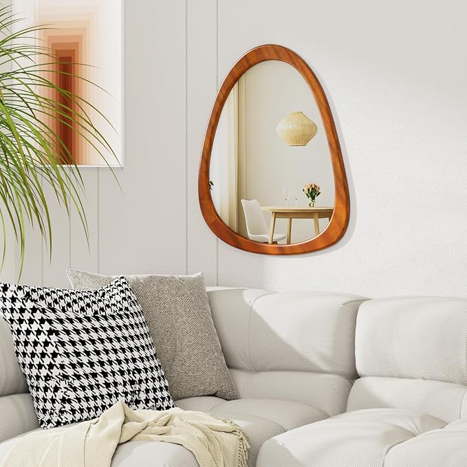 22" x 17" Irregular Wall Mirror, Wood Frame Asymmetrical Decorative Wooden Mirror for Living Room Bedroom Entryway Bathroom Hallway Home Decor Walnut Brown