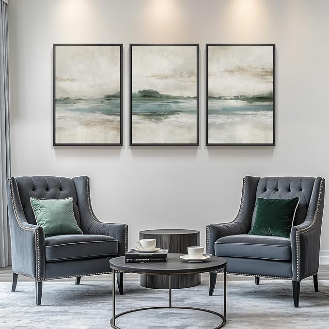 Framed Abstract Landscape Wall Art, Set of 3 Canvas Prints Paintings Artwork for Walls, Soft Blue and Green Nature Pictures for Living Room, Bedroom, Lounge, Dining Room Wall Decor 16x24 In