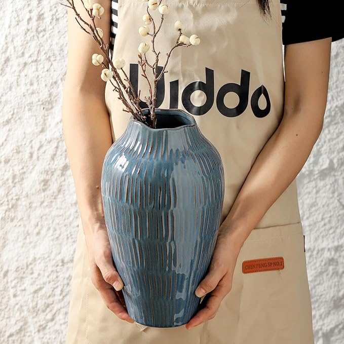 Blue Ceramic Vase for Home Decor,11.6 Inch Flower Vase，Decorative Vases for Pampas Grass，Modern Art Texture Vases for Home Entryway Living Room Dining Table Farmhouse Office Decor-Blue