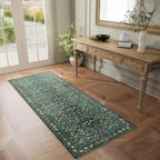 Non-Slip Washable Runner Rug for Hallways, 2x6 Ultra-Thin Floral, Boho Soft Forest Green Carpet for Kitchen, Bathroom & Laundry Room
