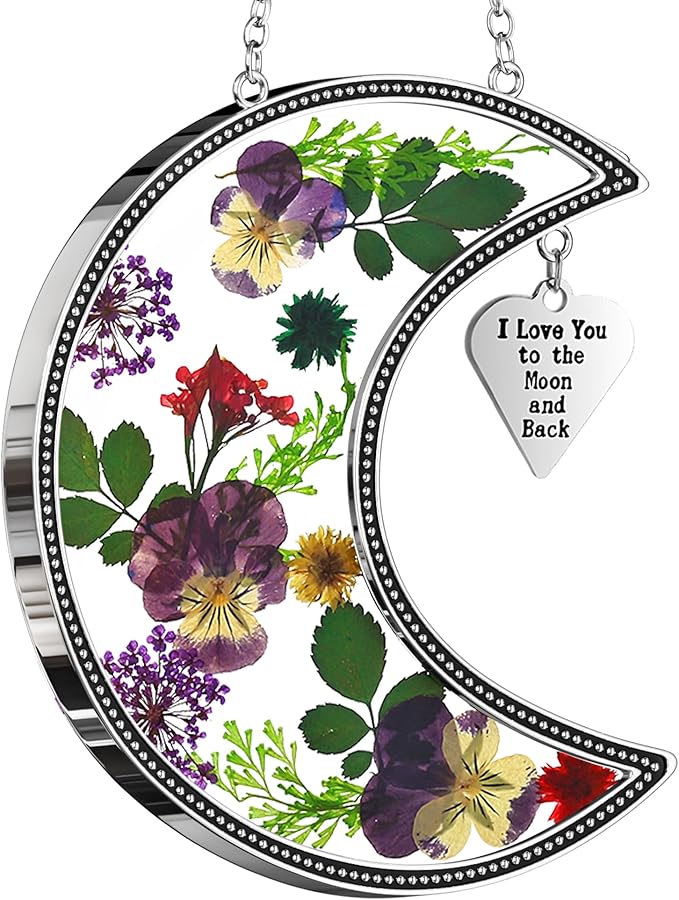 KY&BOSAM Moon Suncatcher Stained Glass for Window Hangings Wind Chime Decor with Pressed Real Flower and Metal I Love You to The Moon and Back Charm Birthday Gift for Women Mom Mother`s Day Christmas