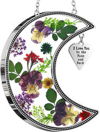 KY&BOSAM Moon Suncatcher Stained Glass for Window Hangings Wind Chime Decor with Pressed Real Flower and Metal I Love You to The Moon and Back Charm Birthday Gift for Women Mom Mother`s Day Christmas