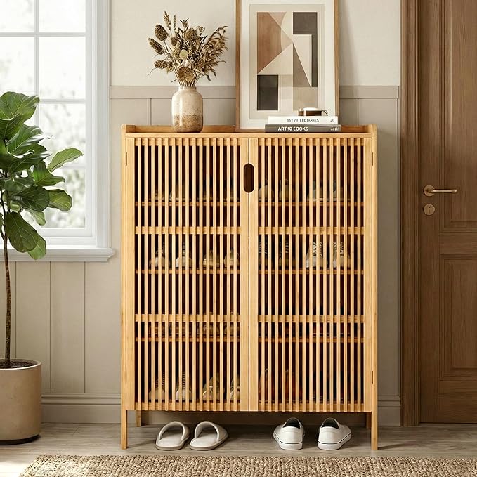 Shoe Cabinet with Doors Bamboo 5 Tiers Shoe Storage Cabinet for Entryway, 25 Pairs Wooden Shoe Cabinets, Modern Shoe Organizer Storage for Living Room, Bedroom, Hallway, Closet Nature