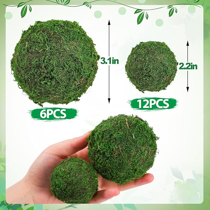Biubee 18 Pack Decorative Faux Dried Moss Balls- 6pcs 3.1" Artificial Green Plant Mossy Globes+ 12pcs 2.2" Handmade Sphere Moss Gift for Home Dough Bowl Vase Chinoiserie Decors Party Wedding Display