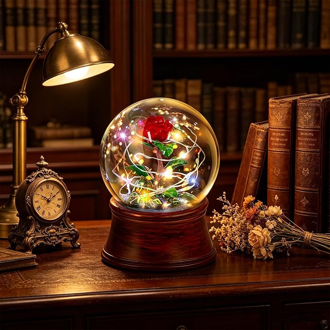 Rose Snow Globe Music Box, Preserved Red Rose Flower Musical Snow Globes, LED Light Up Rose Snowglobe Water Globe Romantic Gift for Women Girls in Mother's Day, Anniversary, Christmas