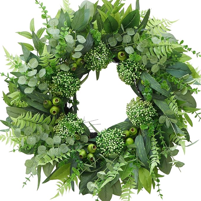 24 Inch Artificial Greenery Wreath for Front Door - Green Wreath with Eucalyptus and Fern Leaves, Spring Summer Fall Winter Eucalyptus Wreaths, Indoor Outdoor Wreath for Farmhouse Outside Year Round