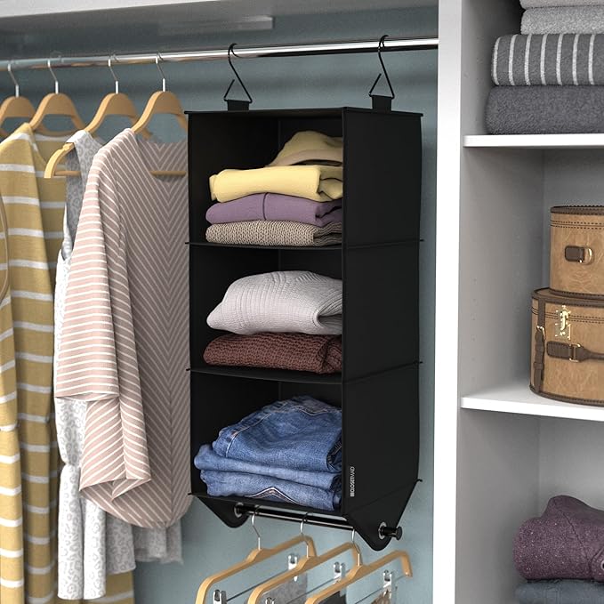 ClosetMaid 3-Shelf Fabric Hanging Closet Organizer with Garment Rod for Shirts, Sweaters, Pants, Hats, Shoes, Purses with Charcoal Black Finish