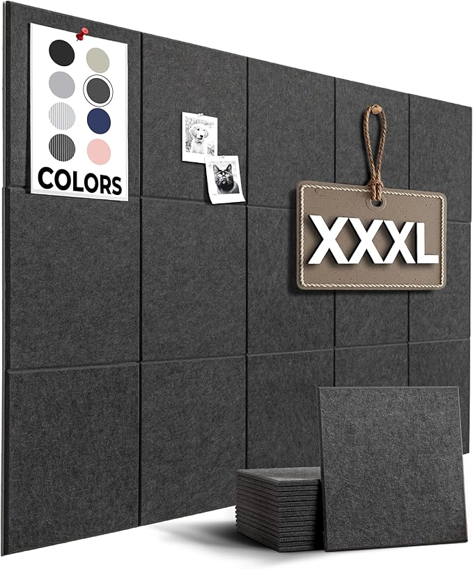 WALLHERO Cork Boards for Office, Dart Board Wall Protector, 59"x36" | 15 Pack | Black Bulletin Board, Cork Board, Cork Board Squares, Homasote Board, Bulletin Board Tiles (Gray Black)
