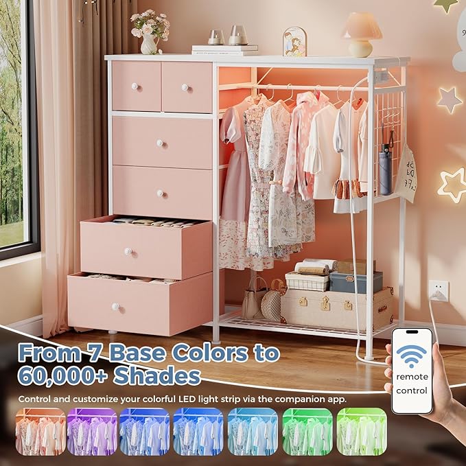 OLIXIS 6 Storage for Bedroom with Hanging Rack with LED Lights & Charging Station, Fabric Chest of Storage with Rack, Wooden Top, for Home Living Room Entryway Pink