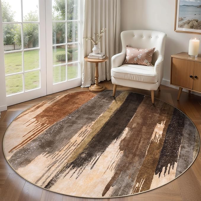 Ciicool 5ft Round Washable Rug, Modern Abstract Circle Rugs, Non-Slip Thin Lightweight Rug Black Brown Circular Print Distressed Carpet for Bedroom Living Room Under Dining Table Home Office Decor