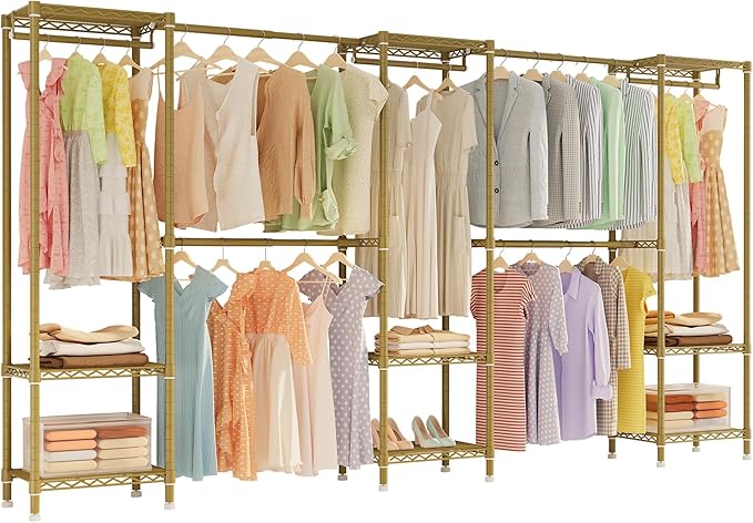 Large Clothes Rack, Clothing Rack for Hanging Clothes, Heavy Duty Garment Rack, Freestanding Wardrobe Closet with Extendable Hanger Rods, Width from 7.8 to 10.8 ft, H11 Gold