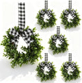 6 Pcs 9" Mini Eucalyptus Wreaths for Kitchen Cabinets, Small Farmhouse Greenery Wreath with Buffalo Check Bow, Realistic Boxwood Leaf Window Indoor Outdoor Decor, UV Protected