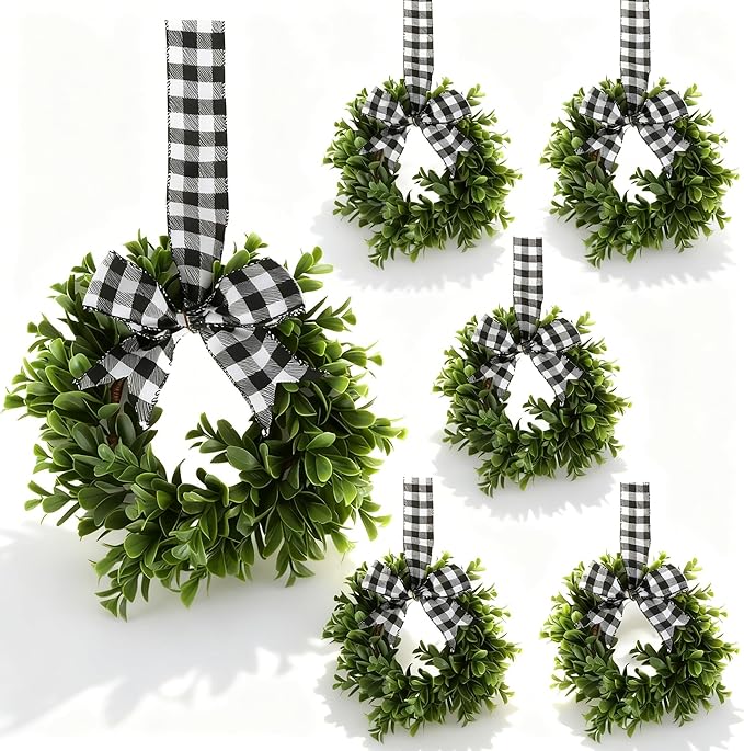 6 Pcs 9" Mini Eucalyptus Wreaths for Kitchen Cabinets, Small Farmhouse Greenery Wreath with Buffalo Check Bow, Realistic Boxwood Leaf Window Indoor Outdoor Decor, UV Protected