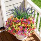 INQCMY Artificial Flowers for Outdoors UV Resistan 12 Pcs Silk Daisies with Eucalyptus Leaves and 2 Pcs Lavender Suitable for Porch Balcony Courtyard Garden (Red Lotus Orange Yellow Red)