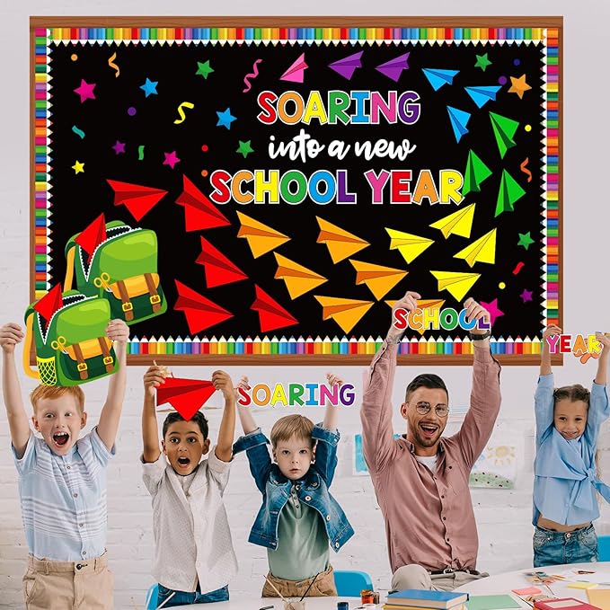 Pajean Soaring Into a School Year Bulletin Board Set Colorful Paper Plane Classroom Decorations Backpack Plane Name Tag Cutout with Pencil Border for Door Wall Chalkboard Decor Back to School Supplies