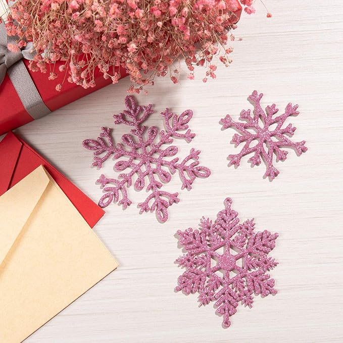 Whaline 40Pcs Pink Glitter Snowflake Winter Snowflake Ornaments Christmas Hanging Decorations with 197 Inches Silver Rope for Wedding Birthday Home Xmas Tree Window Door Accessories