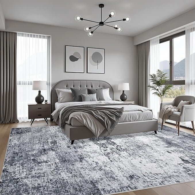 5x5 Area Rug Living Room Rug: Washable Modern Abstract Soft Thin Rug Indoor Floor No Slip Stain Resistant Carpet for Bedroom Dining Room Farmhouse Nursery Home Office - Grey