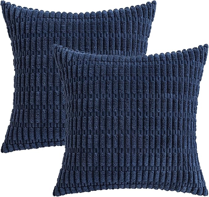 MIULEE Pack of 2 Corduroy Decorative Throw Pillow Covers 16x16 Inch Soft Boho Striped Pillow Covers Modern Farmhouse Home Decor for Summer Coastal Sofa Living Room Couch Bed Dark Blue