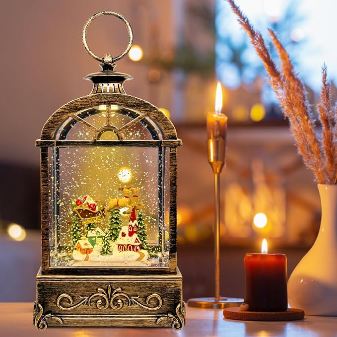 AOMIL Musical Christmas Snow Globe Lantern - USB/Battery Operated Swirling Glitter Lantern with Timer, Snow Globe Decoration for Home Holiday Decor (Deer)