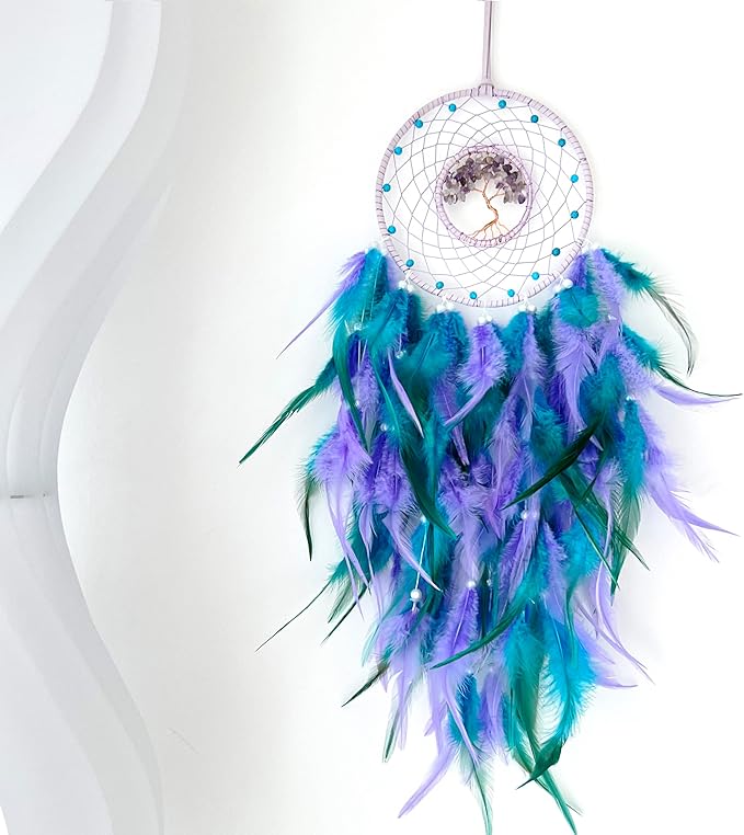 Dream Catchers, Purple Green Dream Catcher Tree of Life Wall Decor, with Natural Healing Crystal Stone, Perfect Handmade Dreamlike Crystal Dream Catcher for Bedroom Art Craft Gift