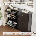 Shoe Storage Cabinet with 2 Flip Doors Set of 2, Wooden Narrow Shoe Cabinet Organizer with Drawer, Freestanding Hidden Shoe Rack with Adjustable Shelf for entryway, Hallway, Living Room, Black