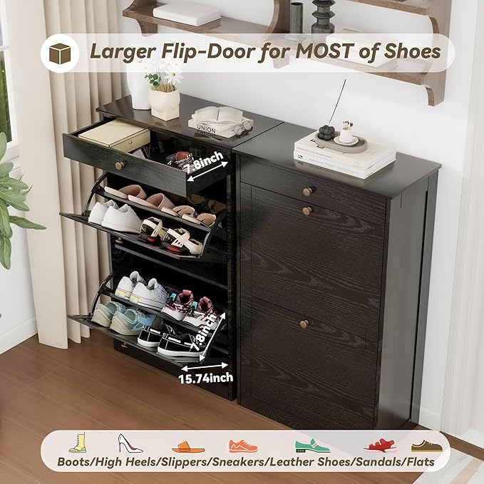Shoe Storage Cabinet with 2 Flip Doors Set of 2, Wooden Narrow Shoe Cabinet Organizer with Drawer, Freestanding Hidden Shoe Rack with Adjustable Shelf for entryway, Hallway, Living Room, Black