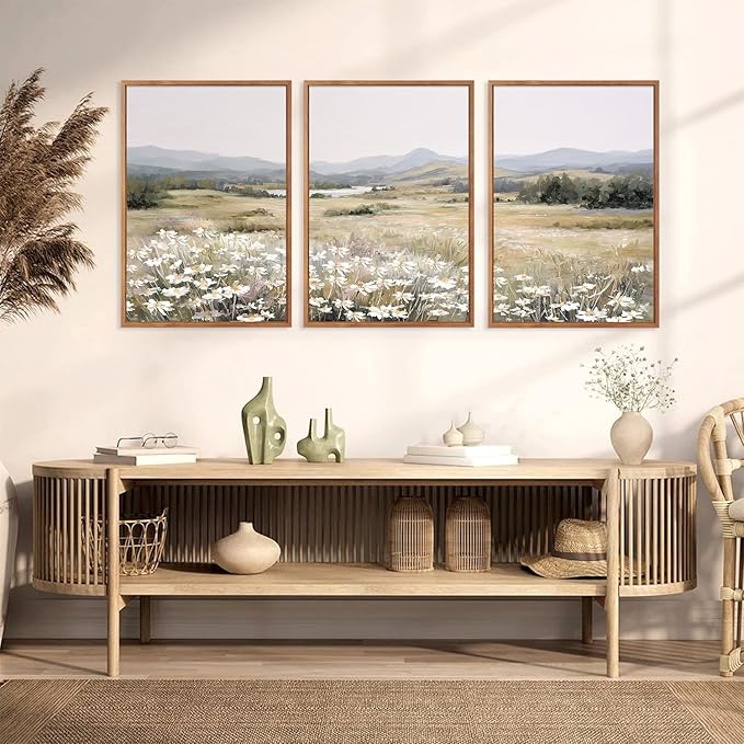 KAIRNE Landscape Canvas Wall Art,Boho Floral Prints Set of 3(16”X24”),Flower Garden Paintings,Wildflower Field Scene Wall Decor,Botanical Art for Living Room Bedroom Kitchen Farmhouse Decor,Framed