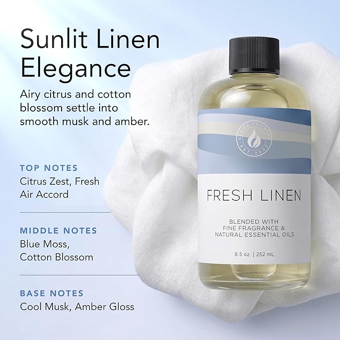 AROMA COUNTRY Fresh Linen Diffuser Oil - Luxury Essential Oils for Diffuser Refill & Air Freshener Room Spray, Long-Lasting, Natural Home Fragrance & Hotel Scent for Diffusers & Machines (8.5 Fl oz.)