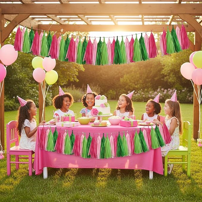 Pink and Green Tassel Garland,Paper Tissue Tassel Banner for Party Decorations,Pack of 20