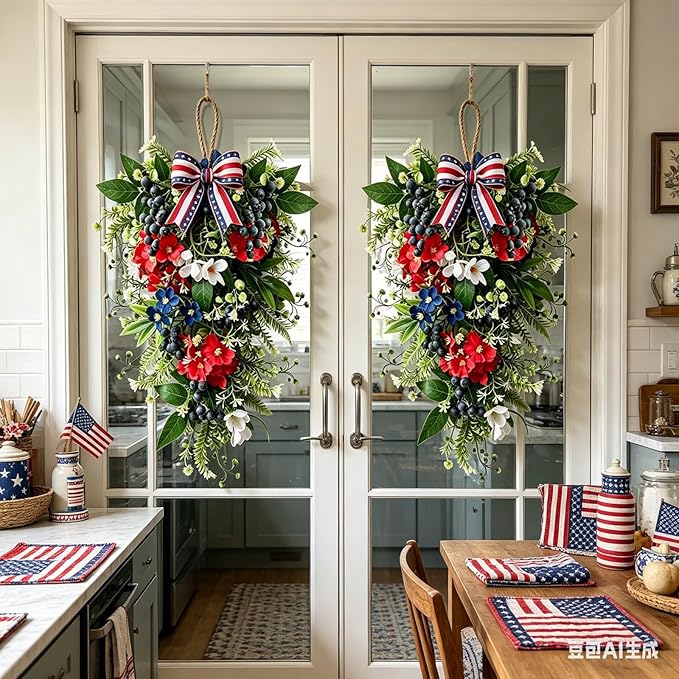 2 Pack 21'' Patriotic Teardrop Swag Wreaths Artificial 4th of July Hanging Swag for Cabinets Red White Blue Floral Navy Blue Berries for Independence Day Memorial Day Front Door Porch Window Wall