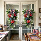 2 Pack 21'' Patriotic Teardrop Swag Wreaths Artificial 4th of July Hanging Swag for Cabinets Red White Blue Floral Navy Blue Berries for Independence Day Memorial Day Front Door Porch Window Wall