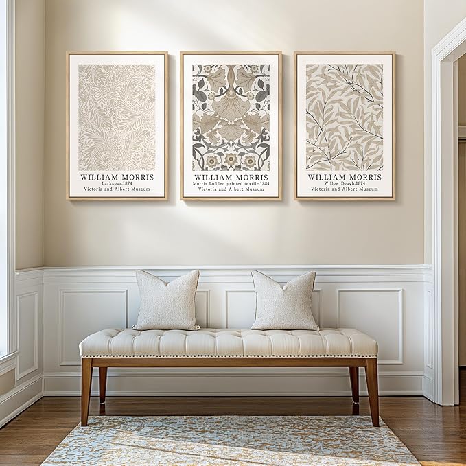 Framed Vintage William Morris Canvas Wall Art Set of 3, Large Neutral Floral Artwork Prints, Botanical Nature Aesthetic Wall Decor for Living Room, Bedroom, Hallway and Office, Total Size 30x60