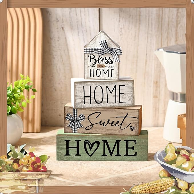 Moucuny 4 Pcs Wooden Farmhouse Table Decor Rustic Home Sweet Home Stacked Blocks Decoration Farmhouse Tiered Tray Decor Decorative Eucalyptus Block Signs Bless Gift for Kitchen Shelf Coffee Table
