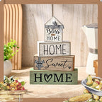 Moucuny 4 Pcs Wooden Farmhouse Table Decor Rustic Home Sweet Home Stacked Blocks Decoration Farmhouse Tiered Tray Decor Decorative Eucalyptus Block Signs Bless Gift for Kitchen Shelf Coffee Table