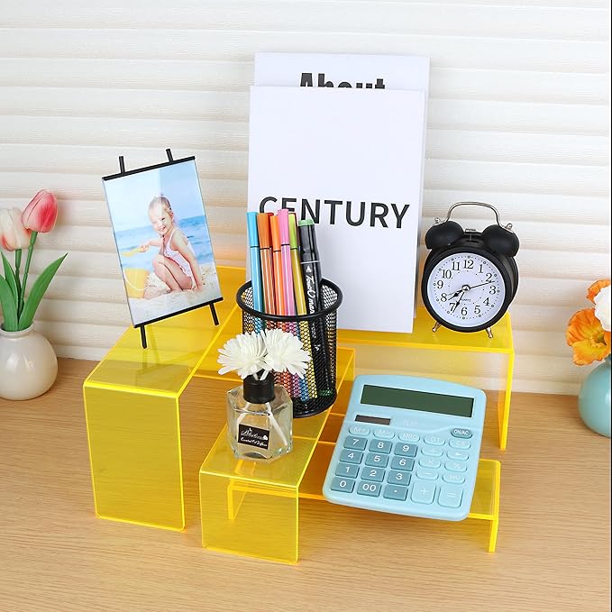 ELEGANTLIFE Acrylic Display Risers Set of 4, 4-Level Tiered Display Stands for Cupcakes, Small Figures & Jewelry, Compact Countertop Display Shelf, Multiple Colors Available (Light Yellow (Translucent))