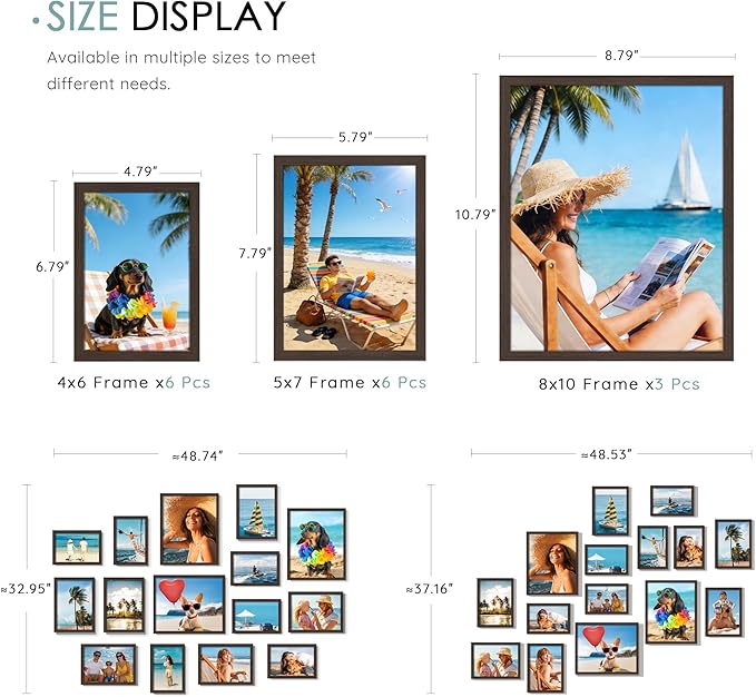15 Pack Picture Frames Collage Wall Decor, Walnut Frame Set with 3pcs 8x10, 6pcs 5x7, 6pcs 4x6 for Gallery Display, Wall Mounting & Tabletop, Bulk Photo Frames for Living Room Decor