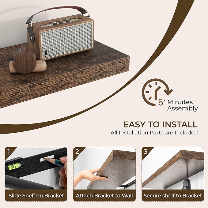 RICHFOCUS 36Inch Floating Shelves for Wall 2 Pack Shelves for Bedroom|Kitchen|Bathroom Wall Mounted Rustic Wood Floating Shelf with Invisible Brackets for Books|Storage|Decor, Rustic Brown