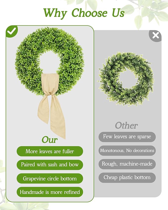 Vlorart 23 Inch Large Boxwood Door Wreaths for Front Door All Season, Artificial Spring Summer Green Wreath with Sash & Bow, Front Door Wreaths for Indoor Outdoor Porch Wall Window Farmhouse Decor