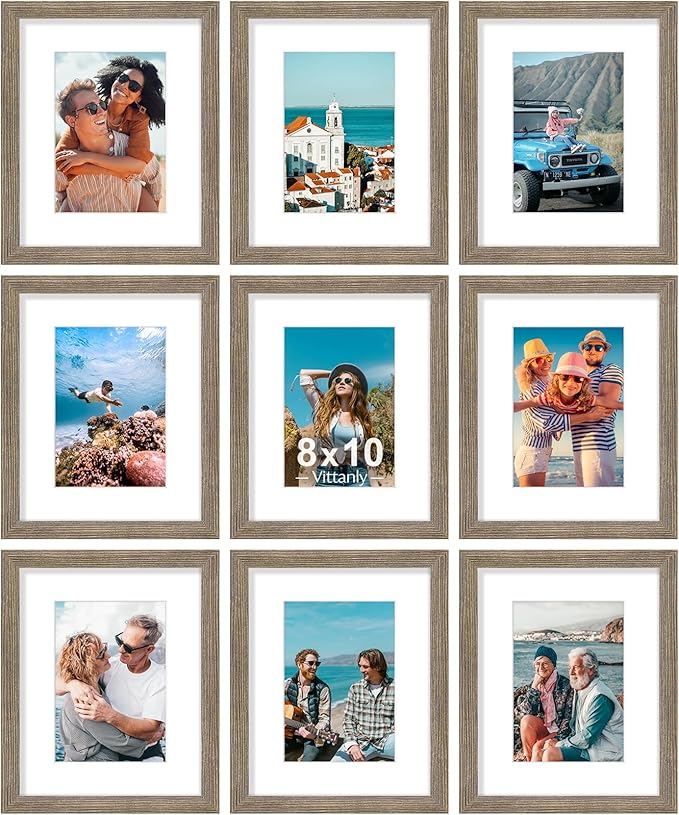 Vittanly 8x10 Picture Frames Set of 9, Shatter Resistant Plexiglass, Display 5x7 Pictures with Mat or 8x10 without Mat, Photo Frames for Wall or Tabletop, Engineered Wood, Grayish Brown
