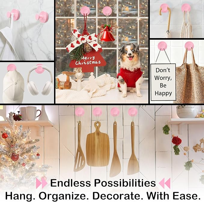 Pink Wreath Hangers for Front Door, 22LB Suction Cup Wearth Hooks for Easter Christmas Decorations, Reusable Wreath Door Hanger for Glass Window Indoor Outdoor, Strong Garland Hangers for Door Frame