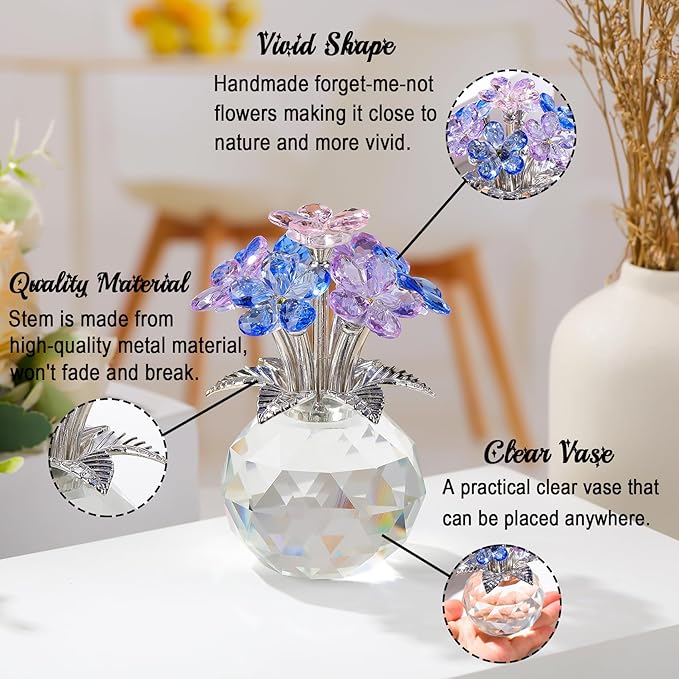 Arikyrist Crystal Multicolor Forget-Me-Not Bouquet Figurines Gifts for Women Flowers Collectible Decoration for Living Room Romantic Presents for Her Wife Mom Anniversary Birthday