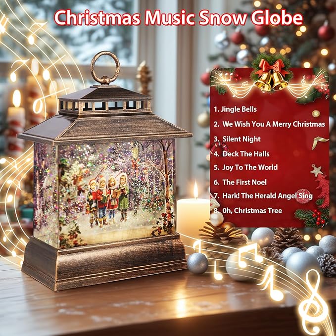 Christmas Snow Globe Lantern Water Glittering Lantern with 8 Songs & 6H Timer Romote Control Christmas Snow Globes USB & Battery Operated for Christmas Festival Decorations Gifts (Christmas Carol)