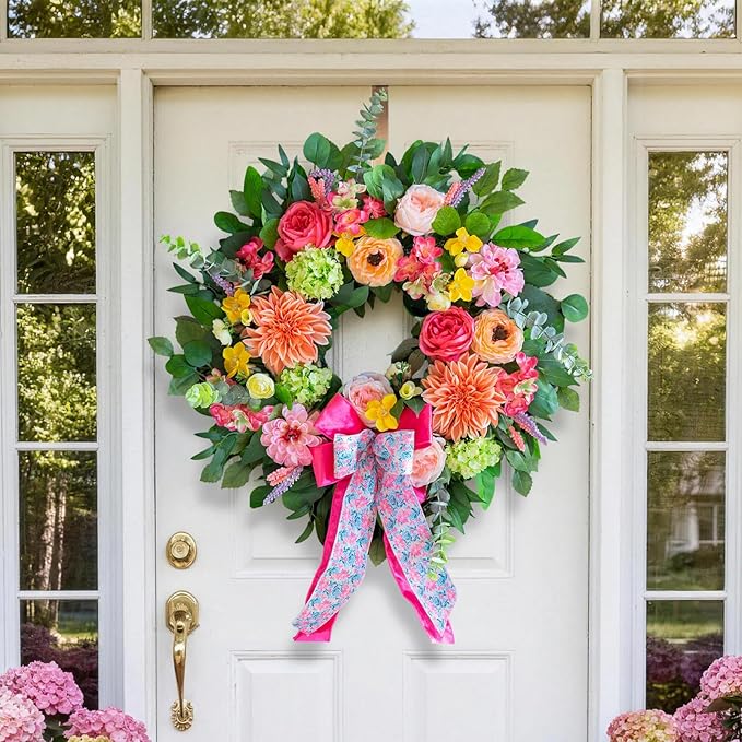 Spring Wreaths for Front Door 24 Inch Outdoor Spring Wreath with Pink Bow– Handmade Peach Dahlia & Garden Rose Summer Wreaths for Front Door,Farmhouse Home,Porch,Wall,Window Decor