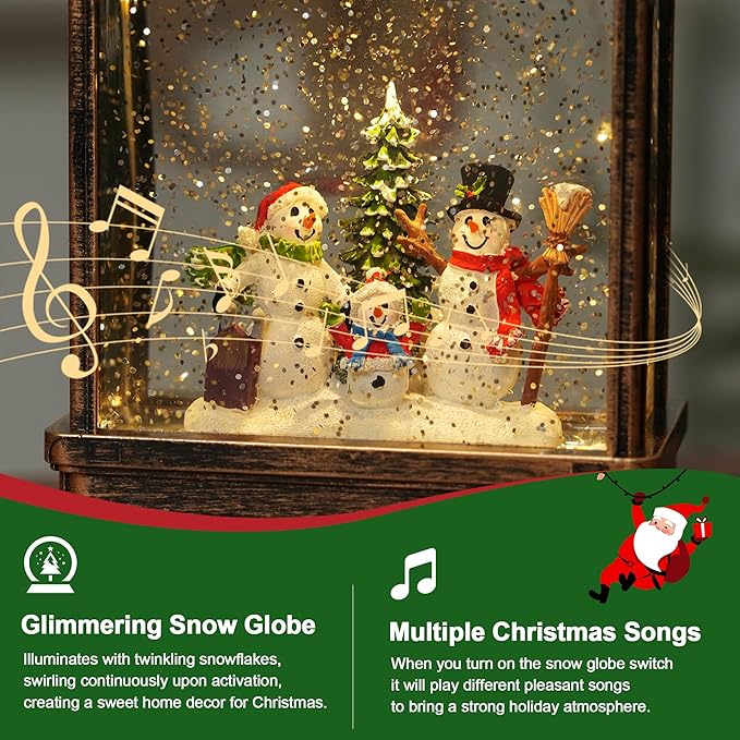 Christmas Snow Globe Lantern Water Glittering Snowman Family with Music, USB Lined/Battery Operated Lighted Lantern for Christmas Festival Decoration Gifts