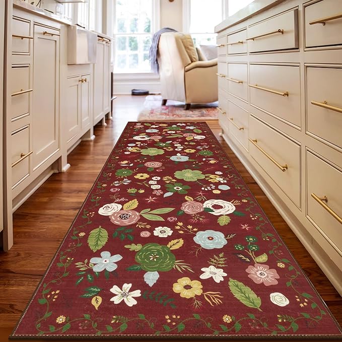 U'Artlines Red Christmas Runner Rug for Hallways,2'6" x 8'Colorful Floral Carpet Soft Non Slip Washable Floor Carpet Runners for Entryway Laundry Room Bathroom (Red)