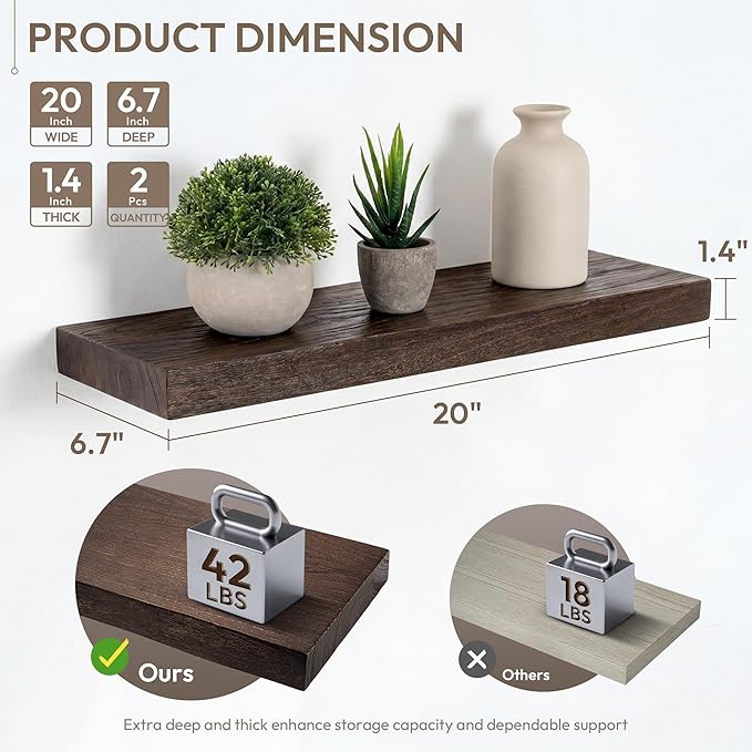 Marsmiles 20 inch Floating Shelves for Wall Solid Elm Wood Shelves|Rustic Wall Shelves with Heavy-Duty Invisible Bracket for Bathroom Living Room Kitchen|Walnut, 2 Pack