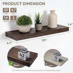 Marsmiles 20 inch Floating Shelves for Wall Solid Elm Wood Shelves|Rustic Wall Shelves with Heavy-Duty Invisible Bracket for Bathroom Living Room Kitchen|Walnut, 2 Pack