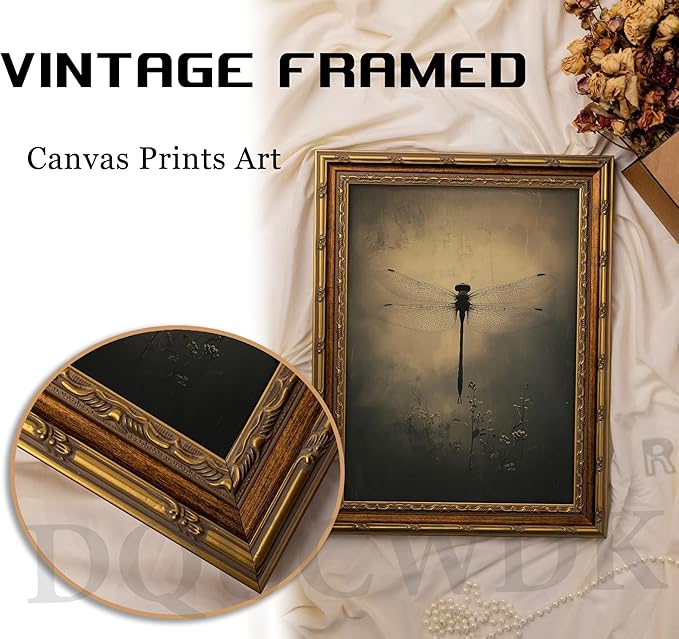 Vintage Gold Framed Wall Art Retro Dark Dragonfly Painting Canvas Prints Gothic Insect Picture Wall Decor Rustic Farmhouse Animal Poster Artwork for Living Room Bedroom Bathroom, 12x16in